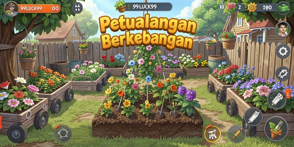 Tampilan gameplay <strong>99LUCK99</strong> yang menampilkan kebun yang rimbun dan hasil panen.
