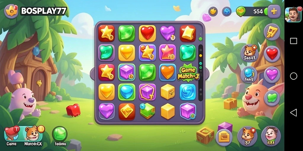 Screenshot gameplay BOSPLAY77 yang menampilkan keseruan permainan Match-3.