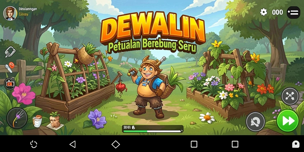 Gameplay DEWALIN yang menampilkan kebun indah dan berbagai tanaman.