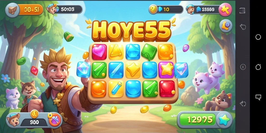 Tangkapan layar permainan Match-3 HOYE55 yang menampilkan gameplay menarik.