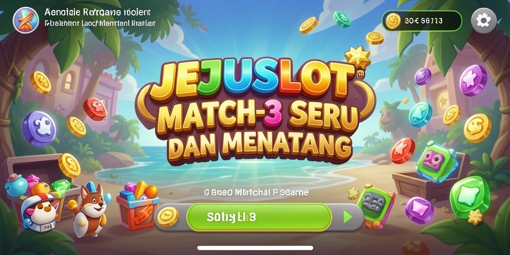 Tampilan gameplay seru Match-3 JEJUSLOT dengan warna-warni cerah.