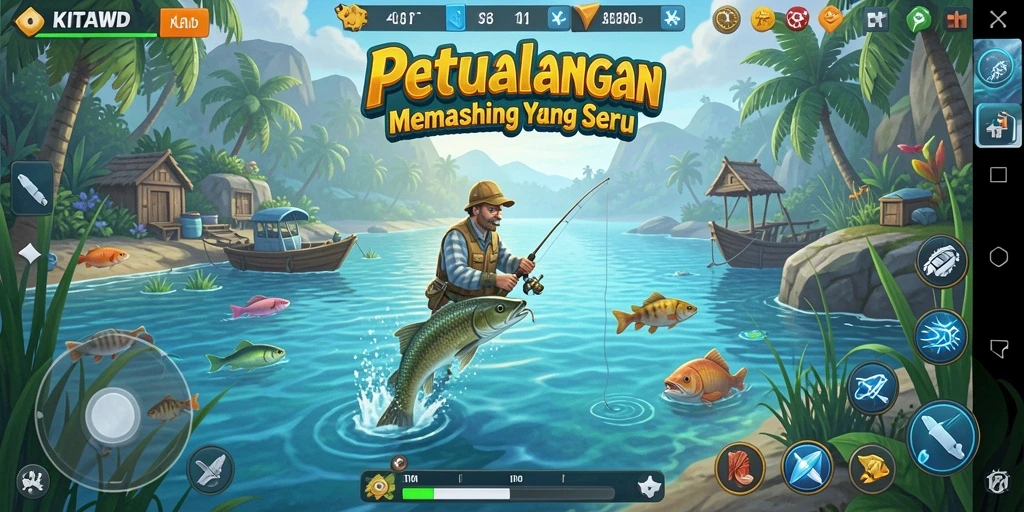 Screenshot gameplay KITAWD menampilkan aksi memancing yang mendebarkan.