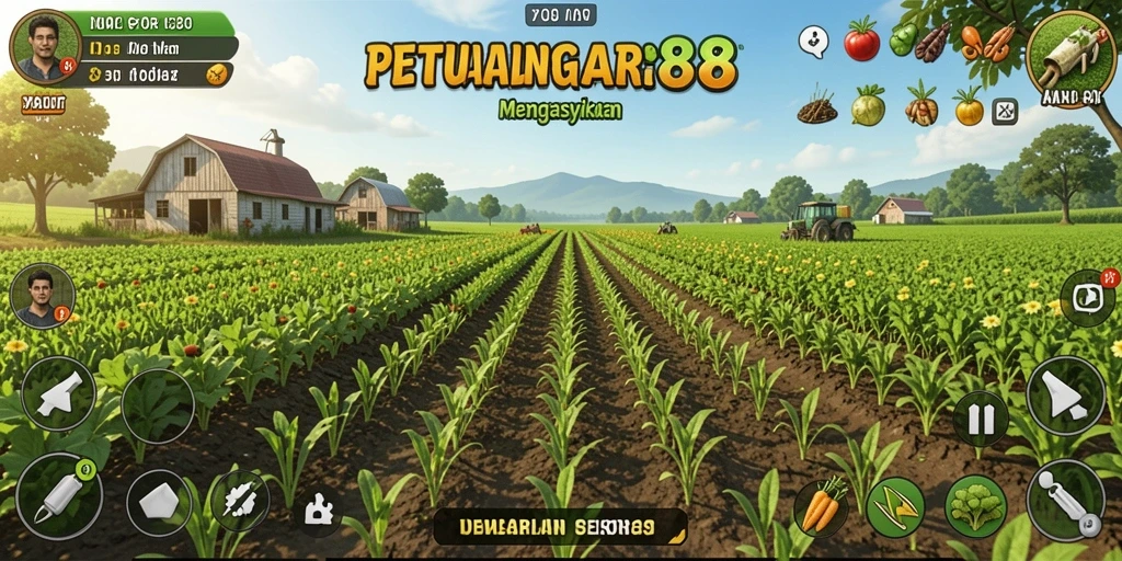 Tangkapan layar gameplay SELAYAR88 menampilkan suasana pertanian yang cerah dan interaktif.