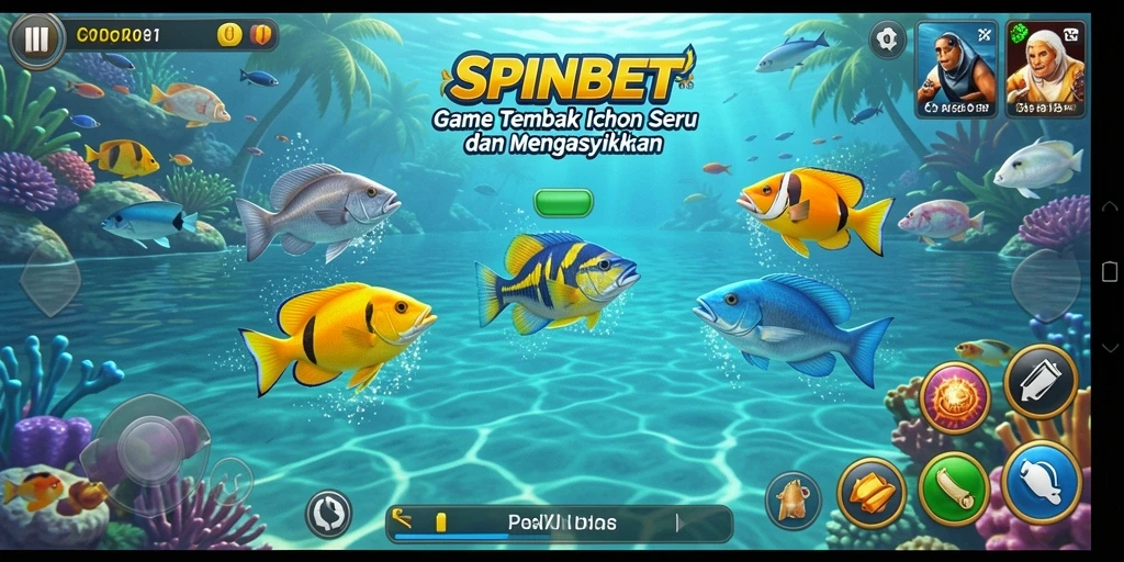 Tangkapan layar gameplay SPINBET dengan aksi tembak ikan yang mendebarkan.