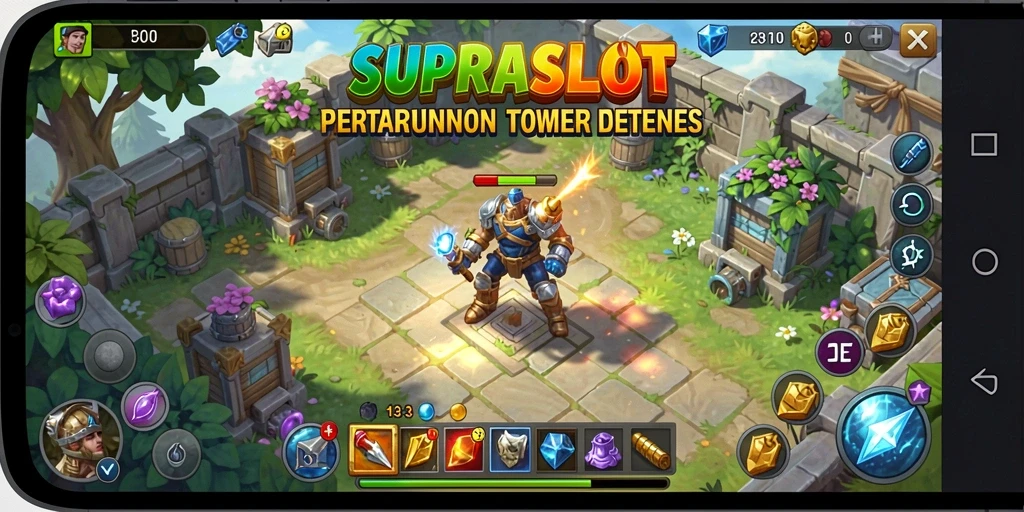 Tangkapan layar gameplay SUPRASLOT yang menunjukkan strategi Tower Defense yang mendebarkan.